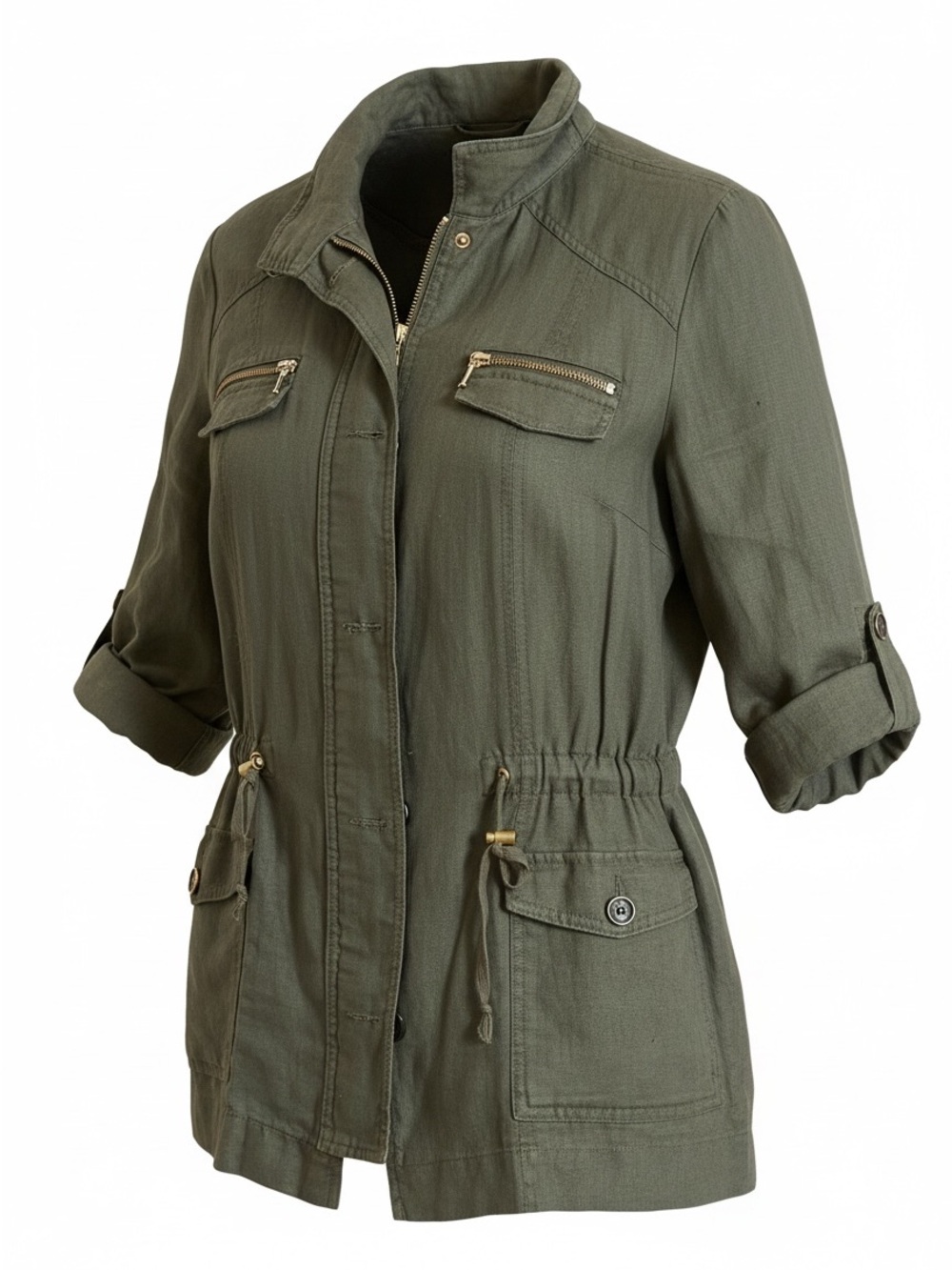 INC International Concepts Olive Utility Jacket with Drawstring Waist 100% Linen